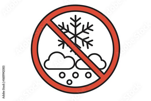 No snow warning sign. Winter weather prohibition symbol. Forbidden cold, blizzard, and snowfall icon. Vector illustration for climate alert and safety concepts. No frost.