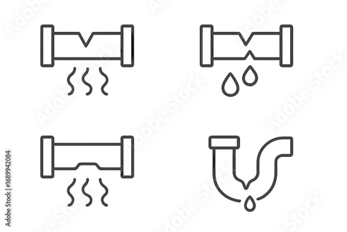 Broken pipe icon set. Leaking water tube. Damaged pipeline pictogram. Plumbing service symbol. Water leak and gas vapor. Emergency repair concept. Drain system failure line art.