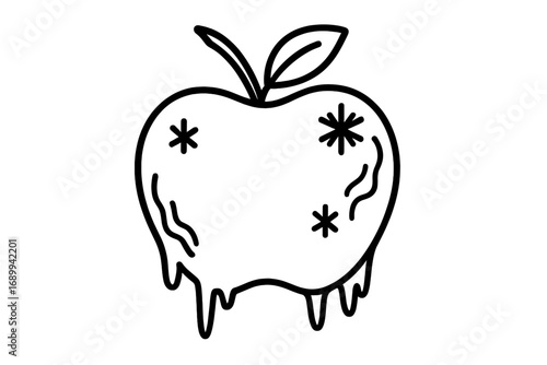 Frozen apple outline icon. Vector linear cartoon illustration of a fresh fruit covered in ice and snowflakes. Concept of winter, cold food, frosty weather, and healthy eating.
