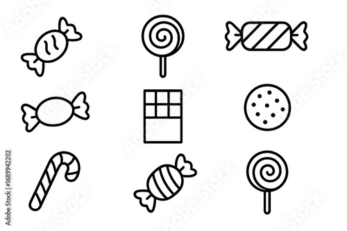 Candy and sweets outline icon set. Vector line art collection of dessert treats. Lollipop, chocolate bar, candy cane, and bonbon symbols. Simple black and white icons.