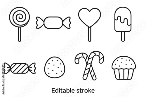 Candy and sweets thin line icon collection. Editable stroke vector illustration set. Minimalist outline symbols for dessert, lollipop, cupcake, candy cane, and popsicle design.