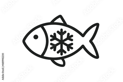Frozen fish icon for food packaging and grocery store labels. Seafood product symbol for the fresh market. Cold storage pictogram. Minimalist outline vector for app and web design.