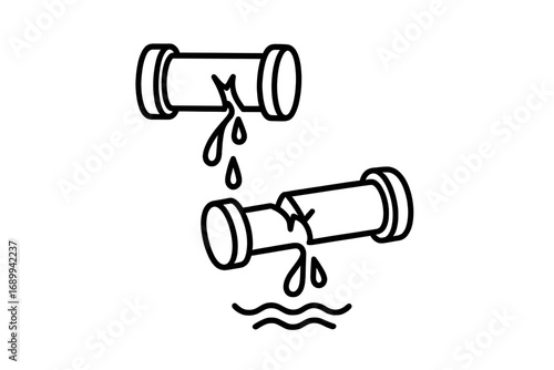 Leaking pipe vector line icon set. Broken water pipe with dripping water. Plumbing accident, burst pipeline, and flood damage concept. Outline symbol for plumbing repair service.