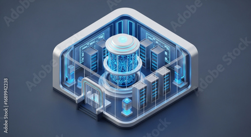Isometric data center server room illustration with quantum computer and network infrastructure design