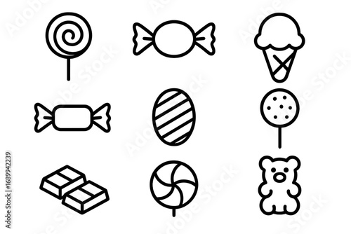 Candy and sweets icon set. Collection of simple line art symbols for dessert and confectionery. Includes lollipop, chocolate, ice cream, gummy bear. Editable stroke vector.