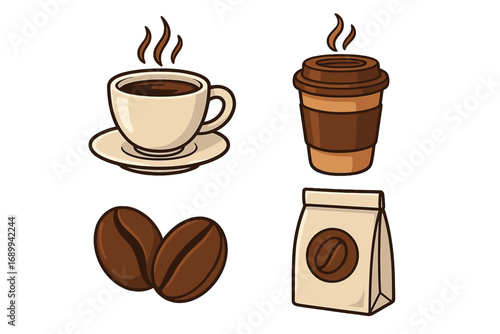 Coffee vector icon set. Cartoon illustration collection with hot coffee cup, paper takeaway mug, roasted beans, and package. For cafe menu, logo, sticker, coffee shop design.