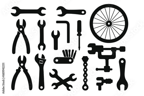 Bike repair tools silhouette icons for bicycle maintenance. Vector cartoon illustration of a workshop kit. Mechanic service equipment collection. Spanner, wheel and chain.