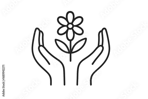 Hands holding flower. Minimalist line art icon. Concept of nature, care, growth, ecology, and environmental protection. Symbol for wellness, organic products, beauty, and hope.