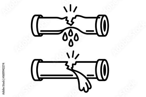 Broken pipe water leak icon set. Plumbing problem symbol. Burst pipeline with leaking water drops and gushing stream. Damage, emergency, and repair concept. Outline vector illustration.