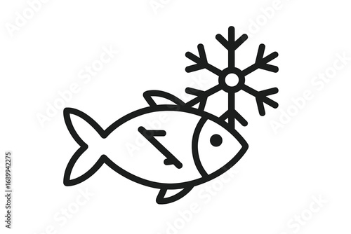 Frozen fish outline icon. Seafood, food storage symbol. Cold fresh fish with snowflake. Minimal vector illustration for grocery, market, packaging, web, and app design.