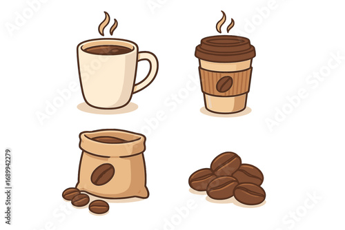 Set of coffee vector icons. Cartoon illustration of a hot mug, takeaway paper cup, roasted coffee beans, and a bag. Isolated graphic elements for cafe, menu, or advertising.