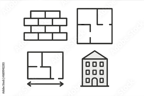 Building and construction thin line icon set. Vector symbols for architecture, floor plan, measurement, and real estate. Outline icons for web design, apps, and graphics.