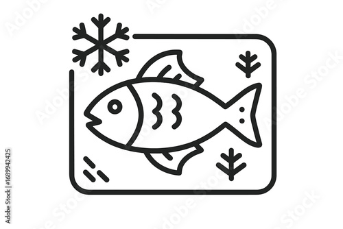 Vector outline icon of frozen fish. Seafood in package with snowflake symbol. Linear illustration for food packaging, grocery label, restaurant menu, or supermarket advert.