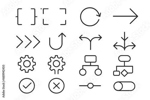 Infographic elements line icon set. Vector collection of arrows, gears, flowcharts and brackets. Editable stroke symbols for UI design, navigation, and process diagrams.