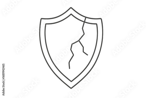 Broken shield thin line icon. Concept of vulnerability, failed security, and risk. Unprotected, insecure. Data breach, cyber attack metaphor. Damaged defense vector symbol.