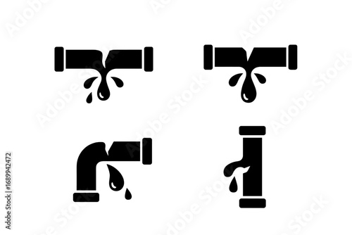 Broken pipe icon set. Leaking water pipe pictogram. Plumbing service, water damage, and pipeline burst concepts. Dripping leakage and crack symbol. Vector illustration.