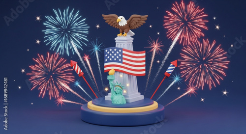 Celebrate independence day with patriotic american flag eagle statue of liberty and fireworks display art