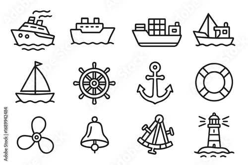 Nautical and Marine Vessel Line Icons Bundle. Cruise Ship, Cargo Ship, Sailboat, Anchor, Helm, Lighthouse, Sextant, Lifebuoy Set. Outline Maritime Transportation, Navigation, Safety Vector Collection
