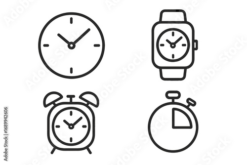 Time and clock line icon collection. Vector set with clock, smartwatch, alarm, and stopwatch symbols. Outline pictograms for time management, deadline, schedule, and timer.
