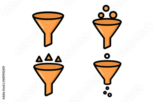Funnel vector line icon set. Sales and marketing funnel for business. Lead generation, data filtering, conversion process concept. Workflow infographic element cartoon illustration.