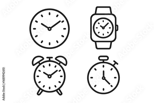 Line icon collection of analog clock, smart watch, alarm clock, and timer. Black outline vector illustration for graphic design, web, apps, advertising. Cartoon style time concepts set.