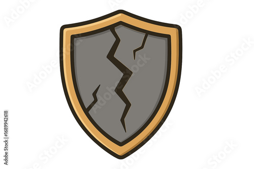 Cracked shield vector icon. Metaphor for vulnerability, weakness, and broken security. Damaged defense symbol. Cartoon illustration for concepts of risk, failure, or attack.