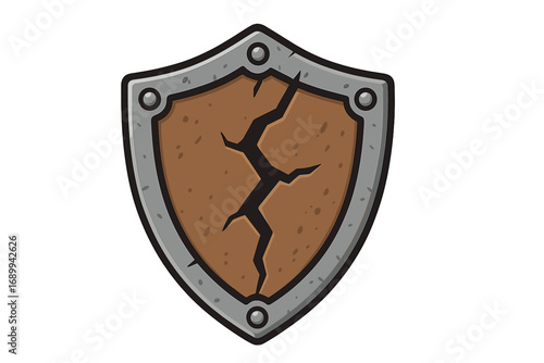Cracked shield vector icon. Damaged medieval defense symbol. Concept of failed protection, vulnerability, data breach, weak security system, defeat. Broken cartoon game asset.