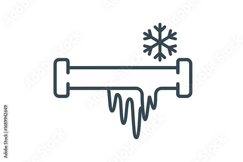 Frozen pipe icon vector illustration. Plumbing problem concept with icicles and snowflake. Winter freezing temperature damage to house water system. Cold weather emergency repair line art.