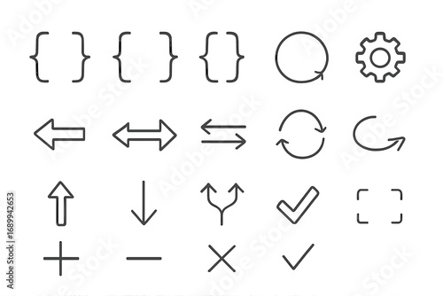 Vector line icon set with arrows, brackets, gear, plus, and minus symbols. Editable stroke elements for UI, UX, web design and infographics. Modern minimal navigation signs.