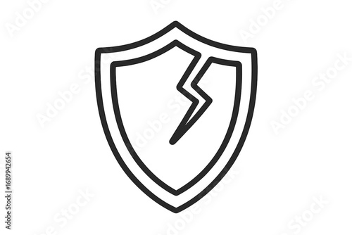 Cracked shield icon. Concept of security breach, vulnerability, and failed protection. Broken defense symbol. Vector illustration for data risk, cyber attack, and system failure.