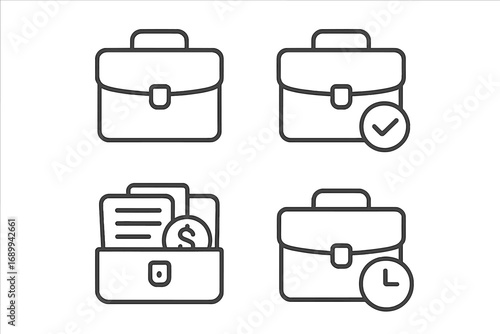 Briefcase line icon set. Business portfolio, investment and salary concepts. Time management, deadline, success deal sign. Editable stroke vector illustration for web and apps.