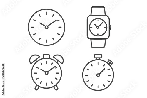 Clock, Smartwatch, Alarm Clock, Timer Line Icon Set. Outline Vector Timepiece Symbols for App UI, Web Design, Infographics, Ad Banners, Social Media, Digital Devices, Scheduling, Productivity Concepts