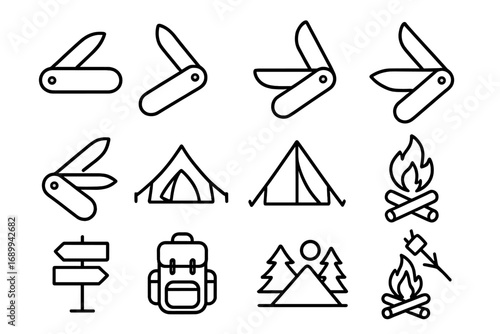 Camping Adventure Line Icon Set. Folding Pocket Knife, Tent, Campfire, Backpack, Signpost, Outdoor Landscape, Marshmallow Roasting. Vector Outline Collection for Graphic Design, Web, App, Card, Ad.