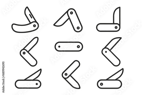 Folding Knife Line Icon Set for Camping and Outdoor Adventures. Minimalist Pocketknife Outline Symbols for Graphic Design, Apps, Advertisements, Web, Cards. Vector Cartoon Isolated Collection.