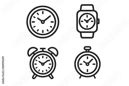 Modern outline icons set of wall clock, smart watch, alarm clock, and timer. Vector illustration for design, cards, apps, user interfaces, time management, and productivity concepts.