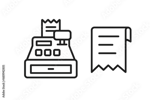 Cash register and receipt outline icons, modern vector illustration set for finance, retail, payment, shopping. Line style isolated symbols for apps, web, business, card design, e-commerce branding.