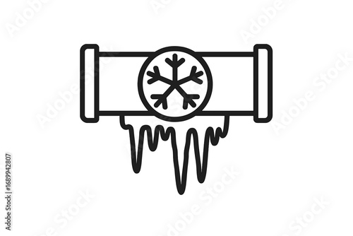 Frozen pipe line icon. Winter plumbing problem with ice and snowflake. Cold weather burst pipe concept. Water system damage, heating emergency, pipeline freeze vector illustration.