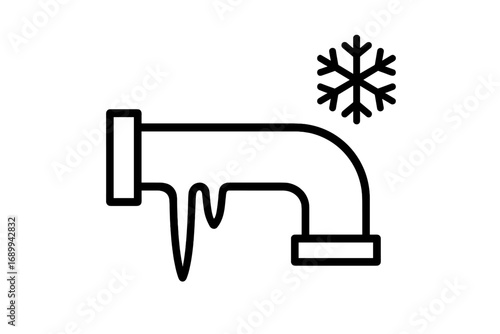 Frozen pipe outline line icon. Winter plumbing problem with ice, snow and cold temperature. Water pipe bursting, damage, and freezing concept for emergency service symbol.