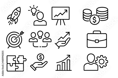Business entrepreneurship startup outline icon collection. Vector line symbols for success, growth, idea, money, teamwork, and strategy. Editable stroke pictogram set.