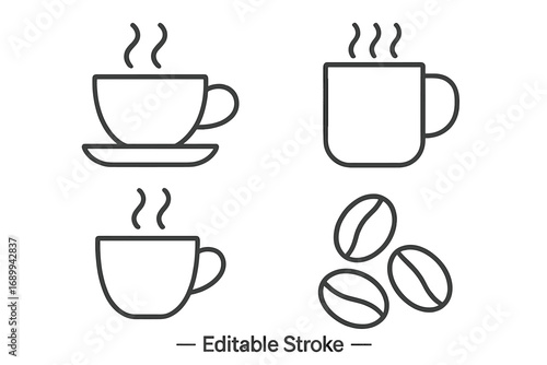 Coffee cup mug and beans outline vector set. Editable stroke line art collection of hot beverage mugs and coffee beans. Minimalist icons perfect for cafe menu, infographics, food packaging, banners
