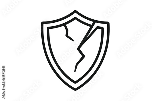 Cracked shield vector icon. Concept of vulnerability, broken defense, lost protection, and security failure. Unsafe, risk, and danger symbol. System hacked or data breach.