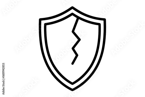 Cracked shield icon. Broken protection symbol. Vector for cybersecurity vulnerability, data breach, risk, system failure. Concept of unsafe, danger, weak defense, and error.