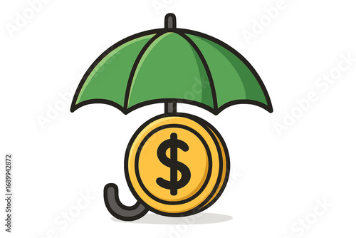 Financial protection concept with money under umbrella. Vector cartoon icon for insurance, savings, and investment security. Dollar coin metaphor for wealth management and safety.