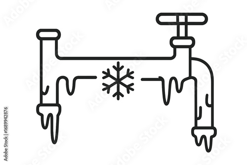 Frozen pipe linear icon. Water pipeline with ice and snowflake. Winter plumbing problem concept. Cold weather damage, burst pipe repair vector illustration. House maintenance.