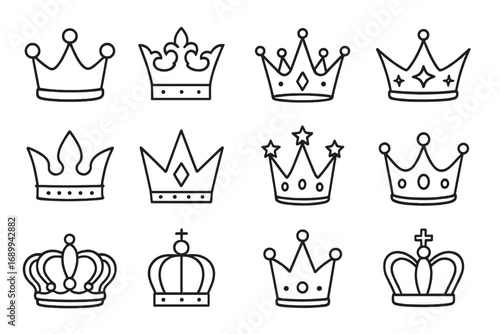 Crown line icon set. Royal crowns vector collection. King, queen, prince symbol. Monarchy, luxury, power and royalty signs. Simple outline doodle style for logo design.