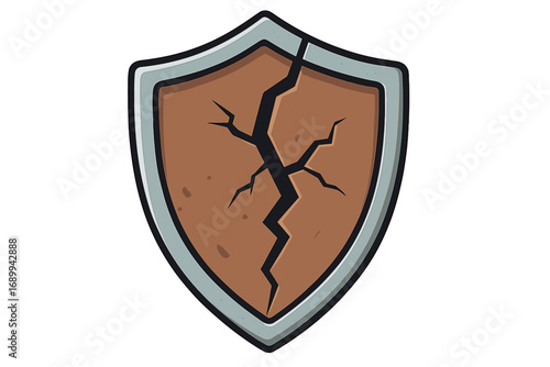 Cracked shield vector icon. Broken protection and security symbol. Concept of vulnerability, data breach, damage, failure, and risk. Unsafe defense metaphor. Cartoon illustration.