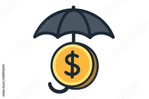 Money protection vector icon. Financial security, insurance concept. Dollar coin under umbrella. Metaphor for savings, investment safety, wealth preservation, asset protection.