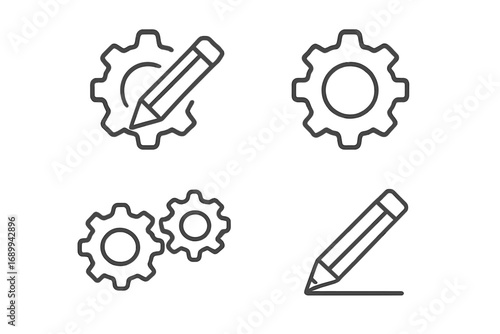 Settings edit icon. Configuration symbol. Gear with pencil pictogram. Development and customization concept. Engineering design. Process management. Vector line icon set. Editable.