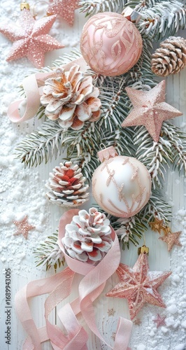 Festive Christmas decorations in pastel pink and beige.  A vertical arrangement of ornaments, pine branches, and pinecones,  all dusted with faux snow
