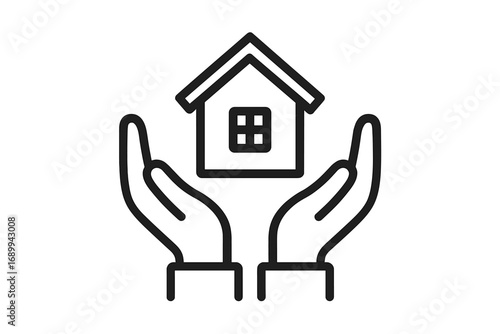Hands holding house line icon. Home care, protection, security concept. Real estate, property insurance symbol. Metaphor for mortgage, safety, social services, and shelter.